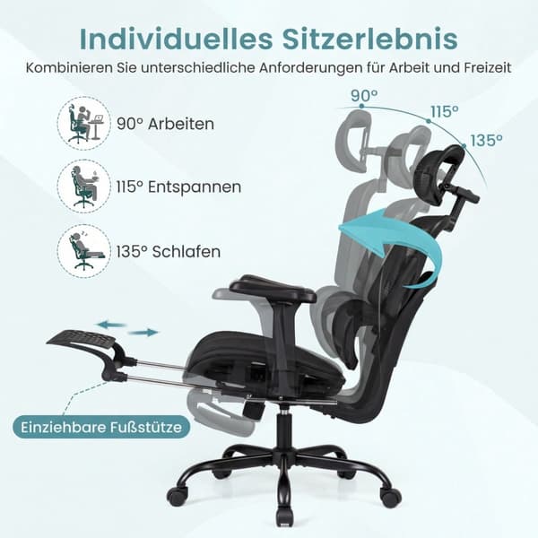 Ergonomisk kontorstol i net med fodstøtte, sort