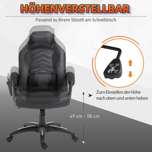 Gaming Chair Kontorstol Med Varmefunktion 6 Vibrationspunkter Ergonomisk Drejestol Massagestol Kunstlæder Sort B68 X D69 X H (108-117) Cm