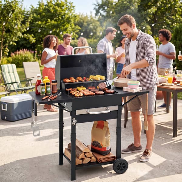 Kulgrill med termometer, sideborde og hjul