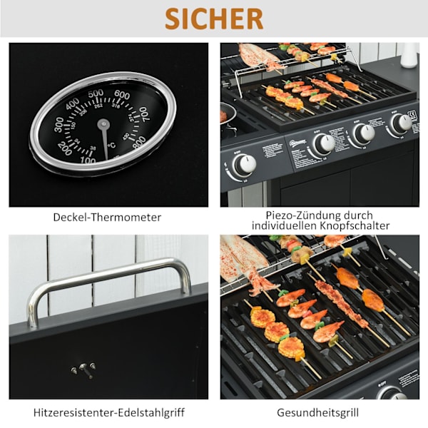 Kaasugrilli Bbq Grill Cart 3 Polttimella 1 Sivupoltin Paineenalennusletkut Kaappi Monitoimi Teräs Musta 110 X 50 X 100 Cm