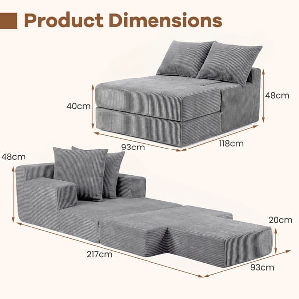 Sammenklappelig sovesofa, sovesofa, grå, 2 puder