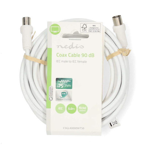 Koaksiaalikaapeli | IEC (Coax) Uros | IEC (Coax) Naaras | Niklattu | 90 dB | 75 Ohm | Tuplasuojattu | 5.00 m | Pyöreä | PVC | Valkoinen | Label
