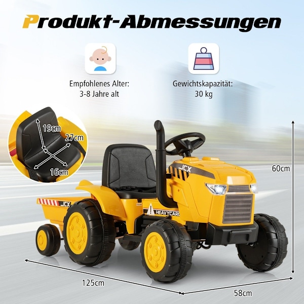 2 in 1 lasten sähkötraktori perävaunulla & amp; Kaukosäädin Electric Toy Car - Keltainen
