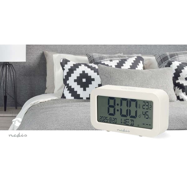 Digitalt skrivebordsvækkeur, LCD, snooze, timer, hvid