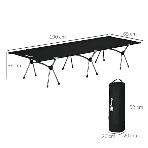 Campingseng, Foldbar Feltseng I Aluminium Med Bæretaske, Højdejusterbar, Sort, 190X65X38Cm, Op Til 150 Kg