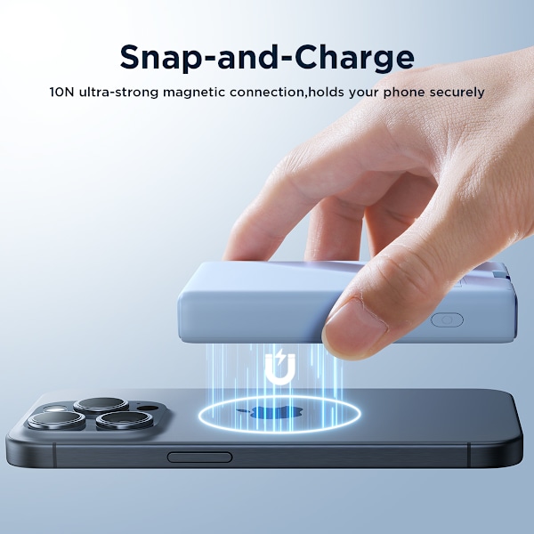 Magneettinen varavirtalähde 10000mAh 20W jalustalla + Lightning-kaapeli - USB-C sininen