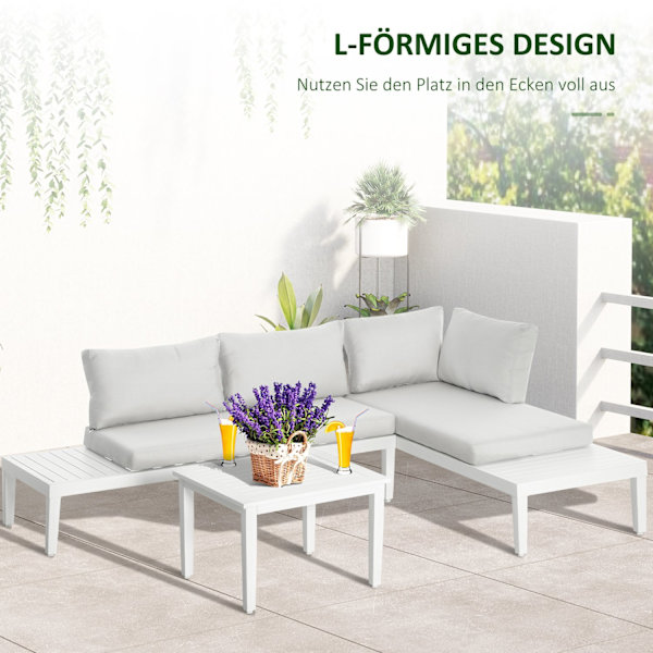 3-Delt Havemøbelsæt Med Sidebord, Altanmøbelsæt, Sofa Med Hynder, L-Form, Udendørs Aluminium, Cremehvid