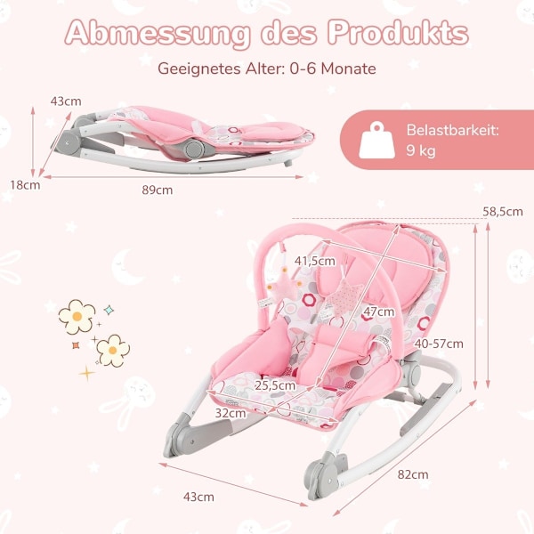 2 i 1 Baby Rocker hopfällbar bärbar babygunga med 3 nivås justerbart ryggstöd Rosa