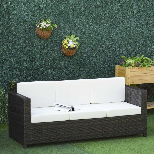 Poly Rattan Garden Lounge Sohva 3-Istuttava Tyynyillä, Metalli Polyesteri, Ruskea+Valkoinen, 185 X 70 X 80 Cm