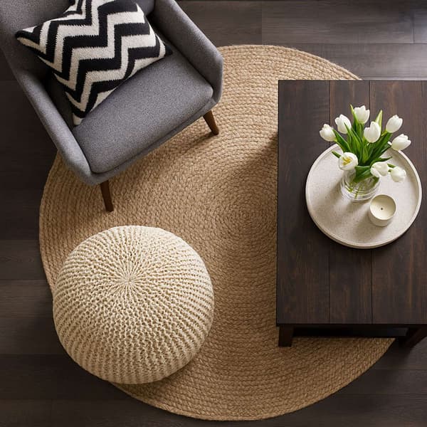 Strikket puf – rund, bohemedesign, polystyrenfyld