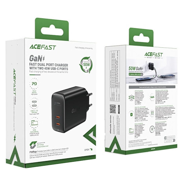 A29 GaN netværksoplader, to USB-C PD-porte, 50W, sort