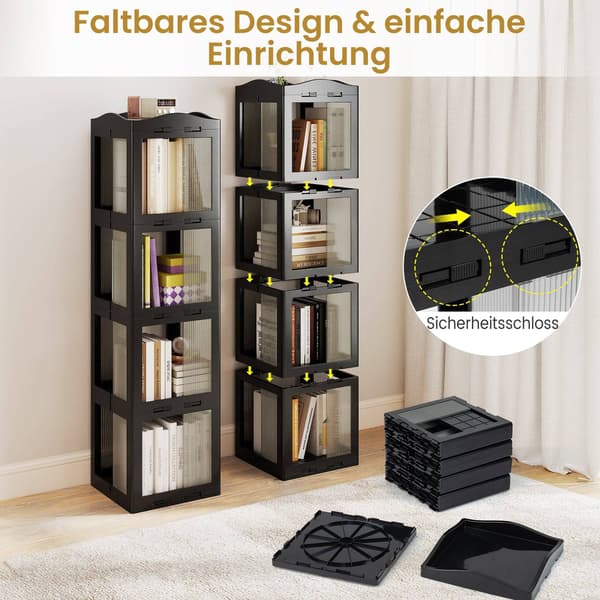 360 grader roterende bogreol, foldbar, transparent, sort