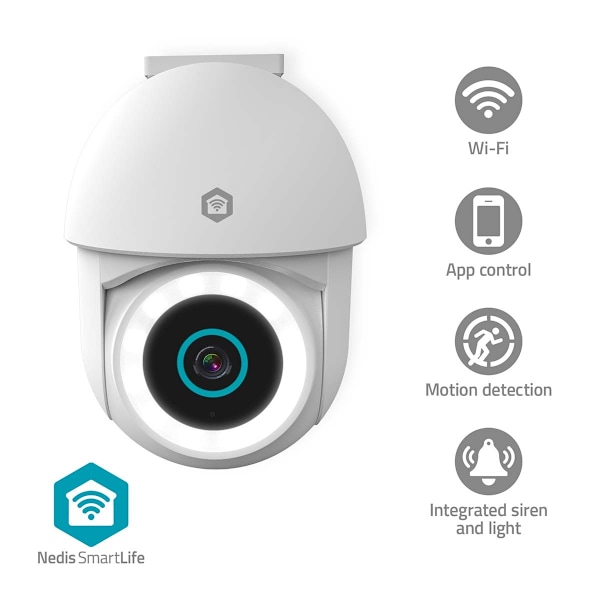 SmartLife utomhuskamera | Wi-Fi | Spotlight | 3MP Full HD 1296p | Panorering | IP65 | Cloud Storage (tillval) / microSD (ingår ej) / Onvif | 5 V DC | Vit