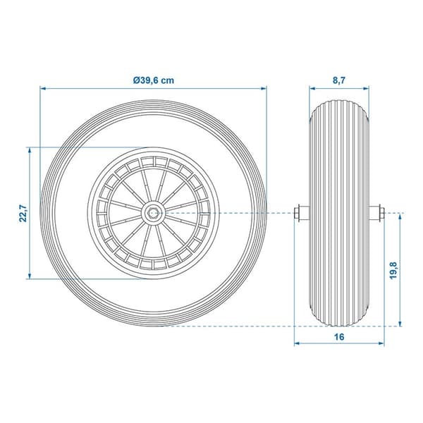 PU-däck med plastfälg 16" 4.00-8 inkl. axel 20 mm