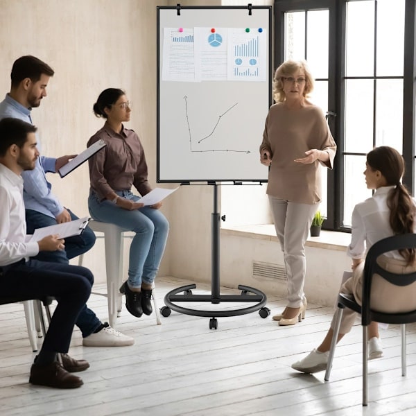 Flipover-stativ på hjul med magneter og markører, whiteboard, højdejusterbar op til 192 cm