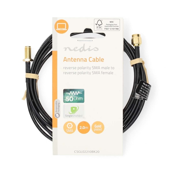Antennekabel | RP SMA Han | RP SMA Hun | Guldplateret | 50 Ohm | Enkelt afskærmet | 2.00 m | Runde | PVC | Sort | Label
