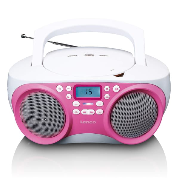 Bærbar FM-radio/CD/MP3/USB-afspiller – Lyserød, kompakt, let