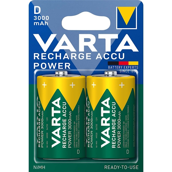 Ladattava Ni-MH-Akku D | 1.2 V DC | 3000 mAh | Esiladattu | 2 - Läpipainopakkaus | HR20 | Keltainen / Vihreä