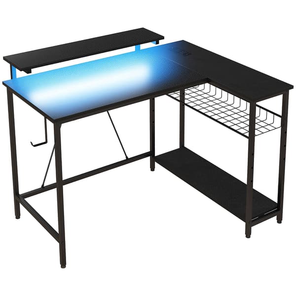 L-formet skrivebord med LED, stikkontakter, USB, vendbar, sort