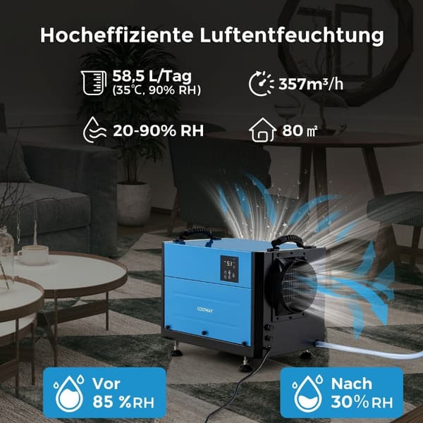 Kommerciel affugter, 3 tilstande, 24H timer, 58L/Dag kapacitet