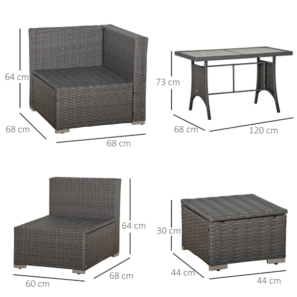 10 stk. Rattan siddegruppe, med hjørnestole, bord, taburetter, sæde- og ryghynder, PE rattan, polyester, 120 x 68 x 73 cm, mørkegrå |