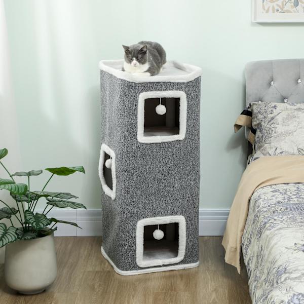 Kattetårn med 3 huler, grå, spånplade, legebolde