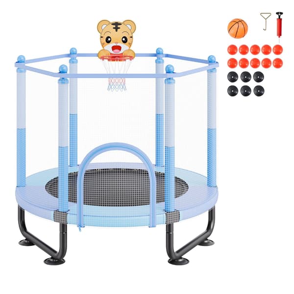Studsmatta för barn 152 cm med säkerhetsnät, basketkorg, blå
