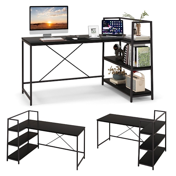 148 cm langt L-formet computerbord med åbne hylder, pladsbesparende skrivebord til en moderne arbejdsplads, sort