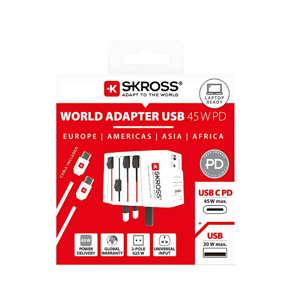 Matkasovitin 2-napainen maailmanmatkasovitin integroidulla kaksois-USB-laturilla (1 x USB C & 1 x USB) 45 watin virtalähde