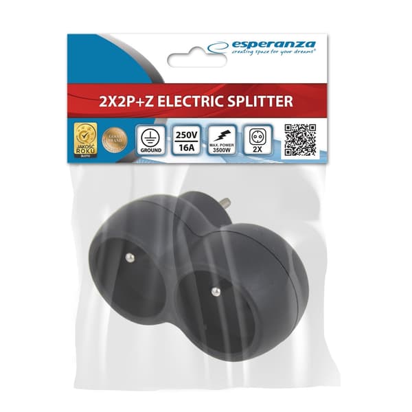 2-stiks elektrisk splitter, sort, 3680W, 16A