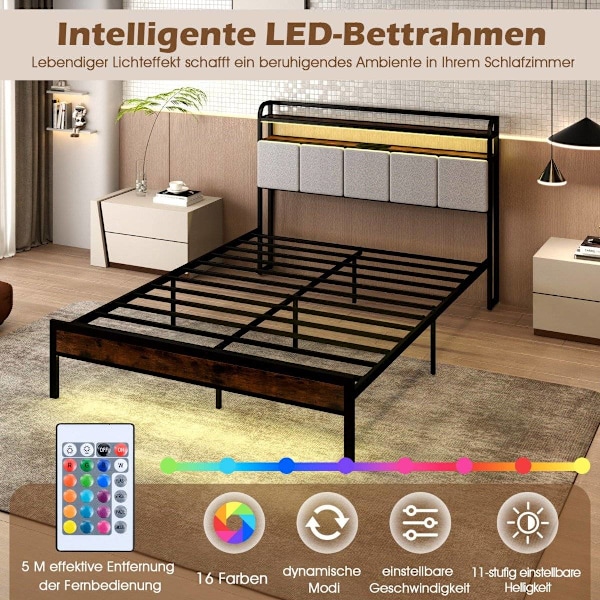 King Size sängram med LED-ljus & laddstation & vadderad sänggavel metallram sängram