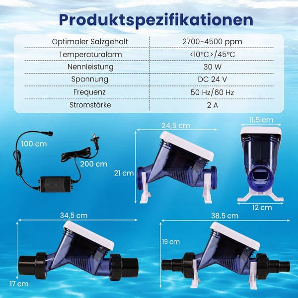 Klorinator til saltvandspools – Selvrensende, 11-22 m³ kapacitet