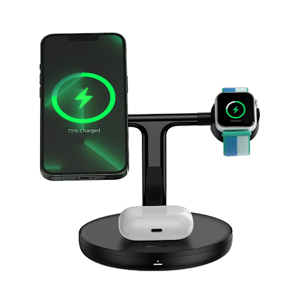 3-i-1-stativ induktiv oplader til iPhone Apple Watch AirPods + USB-C-kabel 1m sort