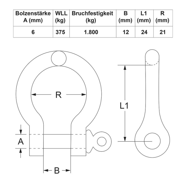 Jousisakkeli 6mm. A4 RVS AISI 316. 1.500 daN