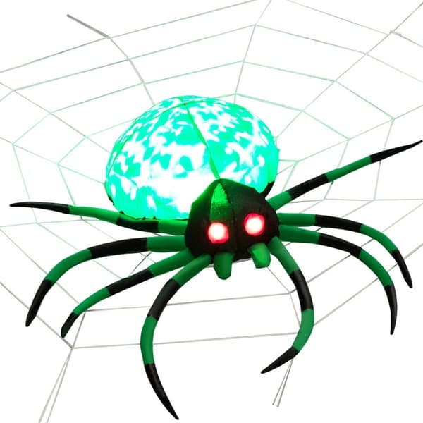 Oppustelig Halloween-edderkop med edderkoppespind med roterende LED-lys