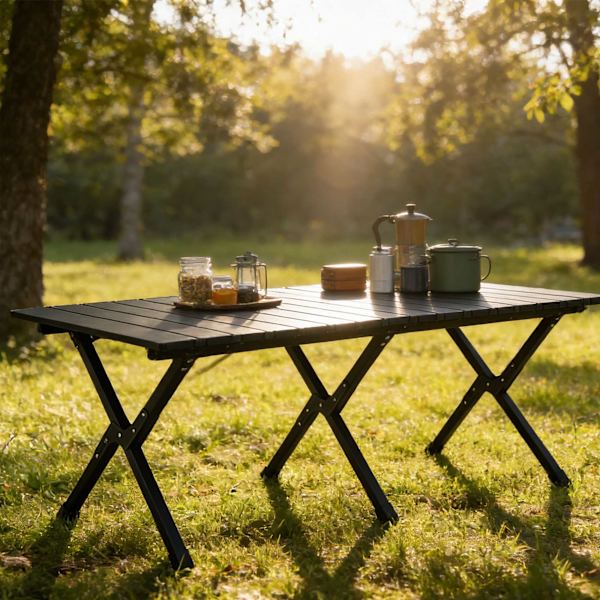 Höjdjusterbart hopfällbart campingbord, stål