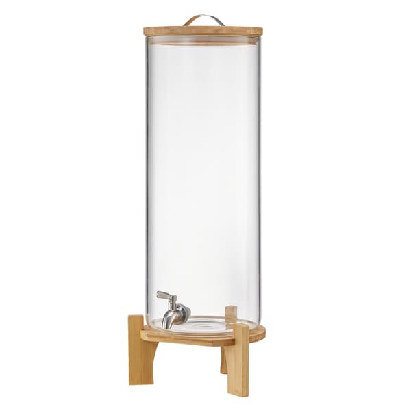 Glas drikkevaredispenser 13L, træstativ, stålhane