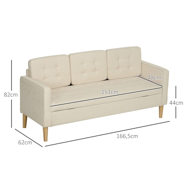 3 personers sofa, sofa med opbevaringsplads, træben, polstret sofa med fløjlslook til stue, soveværelse, 166,5 x 62 x 82 cm, cremehvid