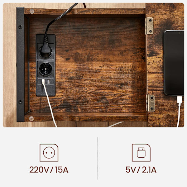 Maalaismainen kokoontaitettava sohvapöytä USB-porteilla ja tallennustilalla