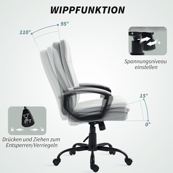 Kontorstol Ergonomisk skrivebordsstol med armlæn, højdejusterbar drejestol med vippefunktion, linnedlook, polstret computerstol, grå