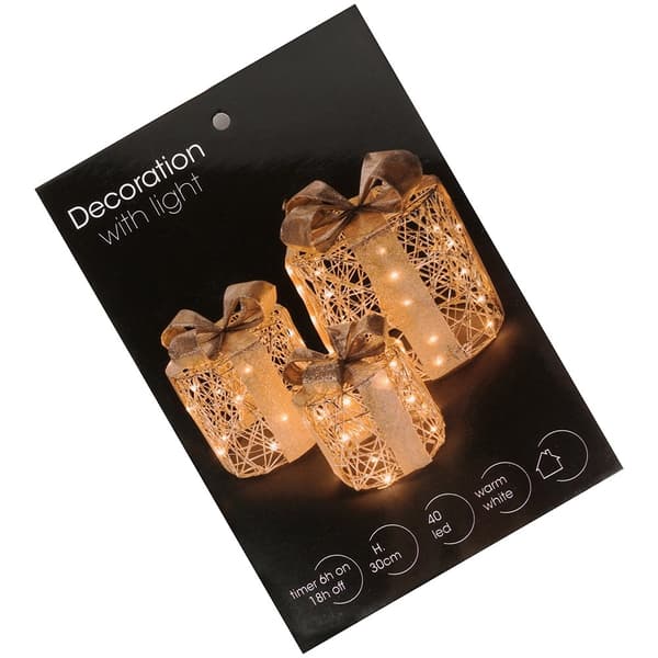 LED-julklappsaskar, guld, set om 3, timerfunktion
