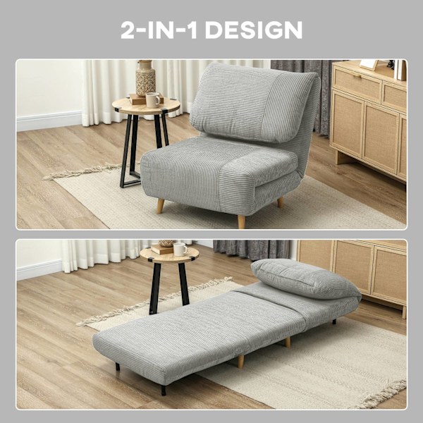 2-i-1 bäddsoffa, stolsäng, justerbar hopfällbar madrass, gästsäng i manchesterlook, för sovrum, vardagsrum, grå 82 x 89 x 83 cm