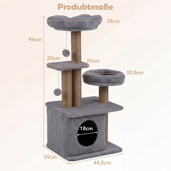 96 cm klösträd med plattform, bädd och leksaker, grått