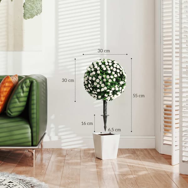 Kunstige rosekugler, topiary-pæle, 2-pak, UV-resistente, hvide