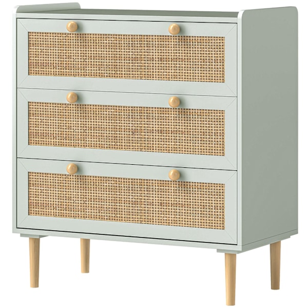 Kommode sideskab med 3 skuffer, skænk med boho stil, rattan look, skuffe kommode til stue, soveværelse, lyseblå 80 x 40 x 87,5 cm
