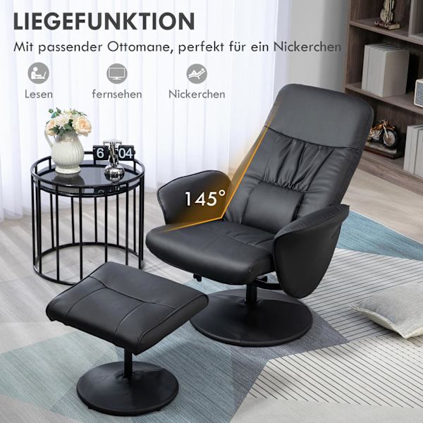 Relaxstol Med Pall, Tv-Stol, Tv-Stol Med Liggfunktion, Snurrbar Klädd Stol För Vardagsrum, Sovrum, Konstläder, Svart