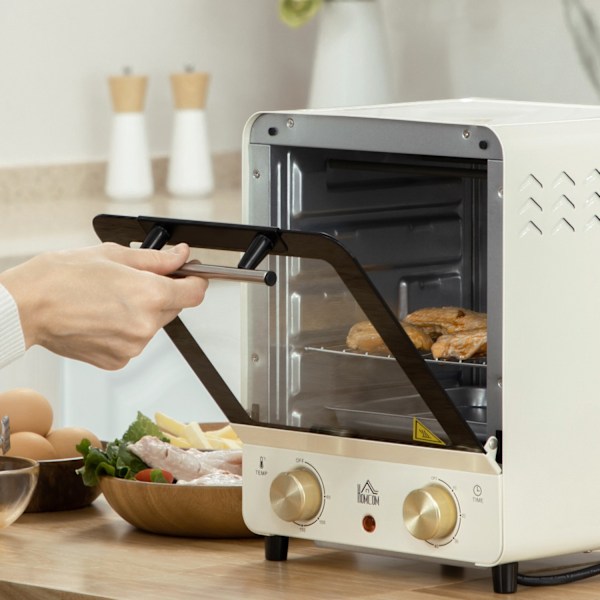 Miniugn 15L, 1 timmes timer, 60-230°C, pizzaugn med cirkulationsluft, 1000 W, miniugn med bakplåtssats, smulplåt, gräddvit