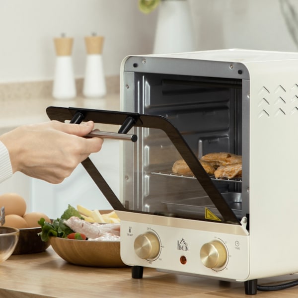 Miniuuni 15L, 1 tunnin ajastin, 60-230°C, pizzauuni kiertoilmalla, 1000 W, miniuuni uunipeltisarjalla, murupelti, kermanvalkoinen