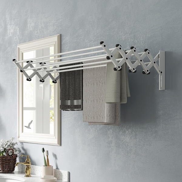 Kläder Airer Wall Utdragbar Klädtork Väggmonterad med 8 aluminiumstänger, platsbesparande torkställning för inom- och utomhusbruk 86 x 61 x 22 cm, Sil