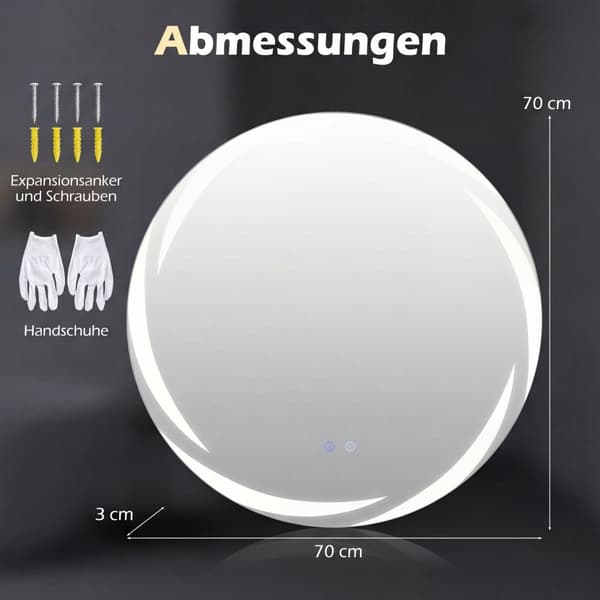 Rund LED-badrumsspegel med dimbar belysning och avimningsfunktion